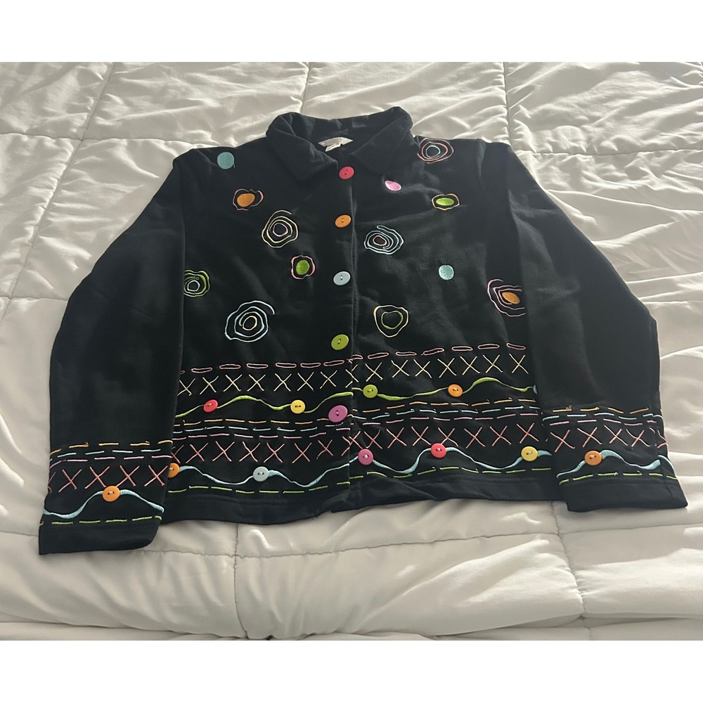 Christopher & Banks Embroidered Button Front Cardigan Jacket Black Multi Size M